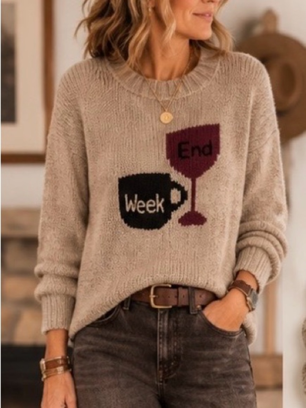 Wooden Ships Beige Crewneck Sweater with Black Coffee & Wine Graphic